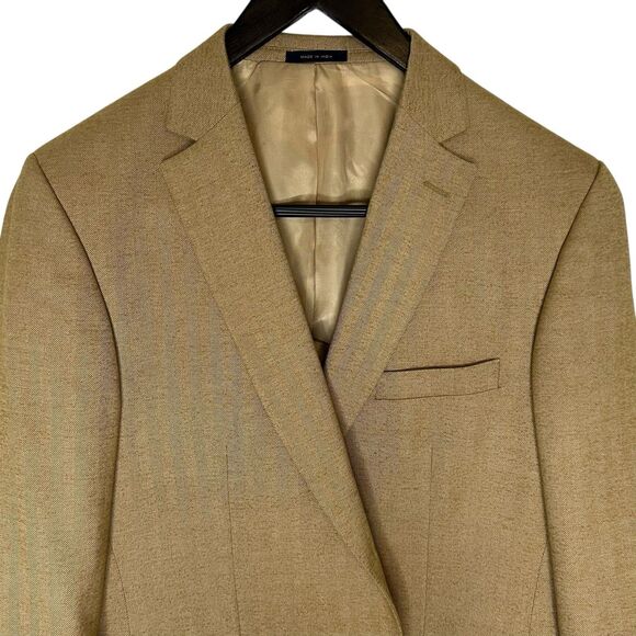 Club Room Herringbone Blazer Sport Coat Elbow Patch Mens 42R Tan Academia - Picture 6 of 13